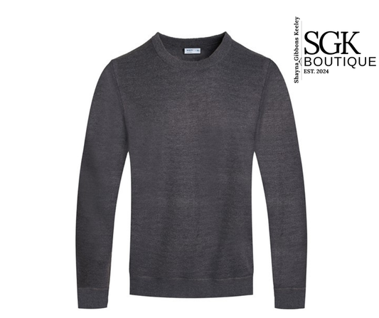 Gray sweater on a white background with SGK Boutique branding.