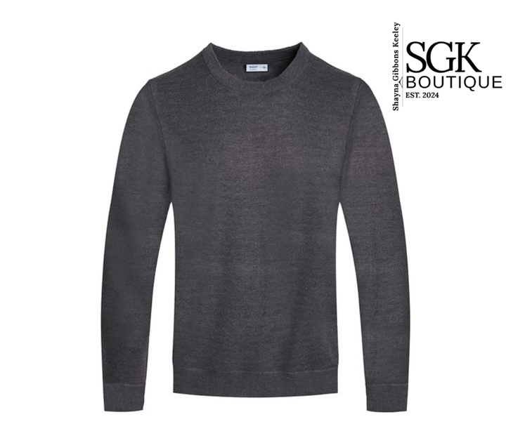 Gray sweater on a white background with SGK Boutique branding.