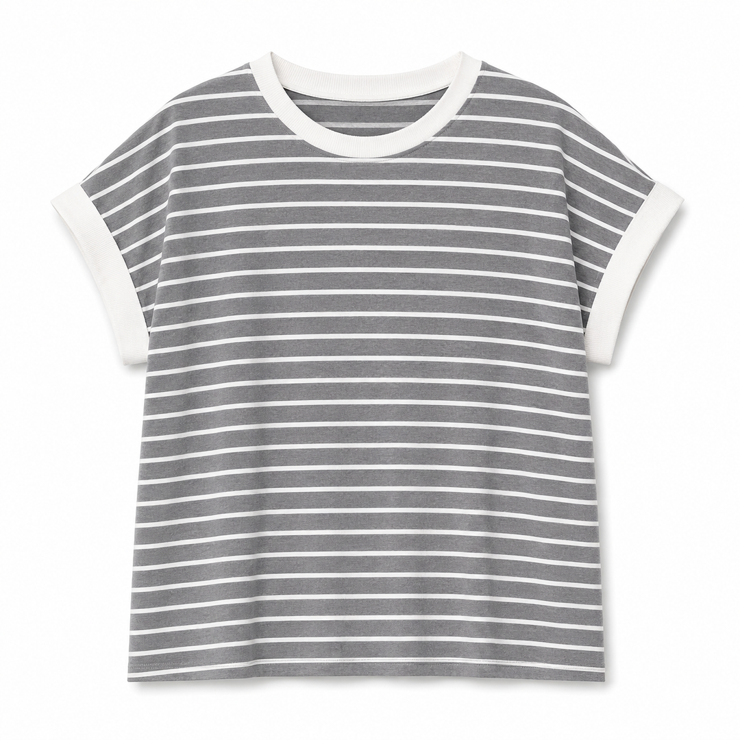 Gray and white striped t-shirt on a white background