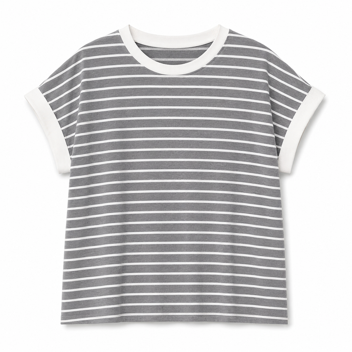 Gray and white striped t-shirt on a white background