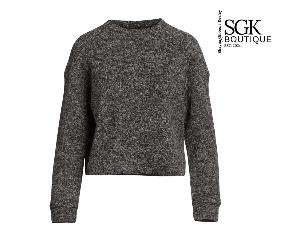 Gray sweater on a white background with SGK Boutique logo.