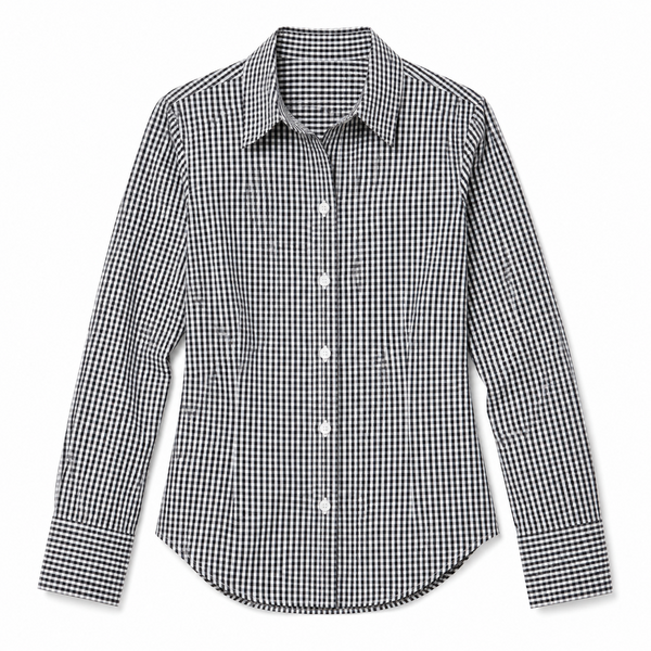 A women's long-sleeve button-up shirt with a black and white gingham check pattern, shown flat against a white background.