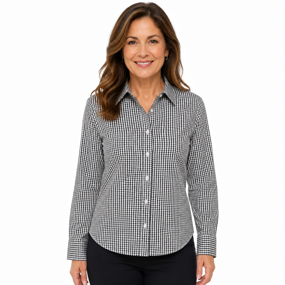 A woman modeling a black and white gingham long-sleeve button-down shirt against a plain white background.