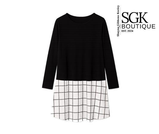 Black long-sleeve top with a white grid-patterned skirt on a white background, featuring SGK Boutique logo.