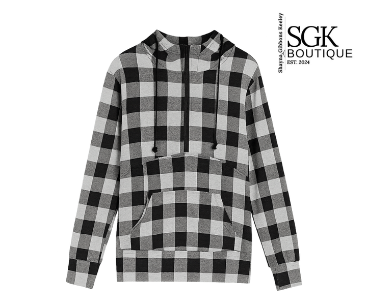 Black and white checkered hoodie on a white background with SGK Boutique logo.