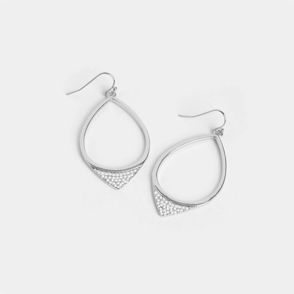 Pair of silver teardrop earrings with small embellishments on a white background
