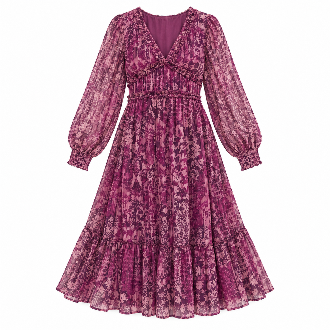 A long-sleeve midi dress in a textured, patterned magenta-purple fabric with a smocked waist and ruffled V-neckline, shown against a plain white background.