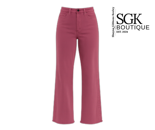 Maroon jeans on a white background with SGK Boutique branding.
