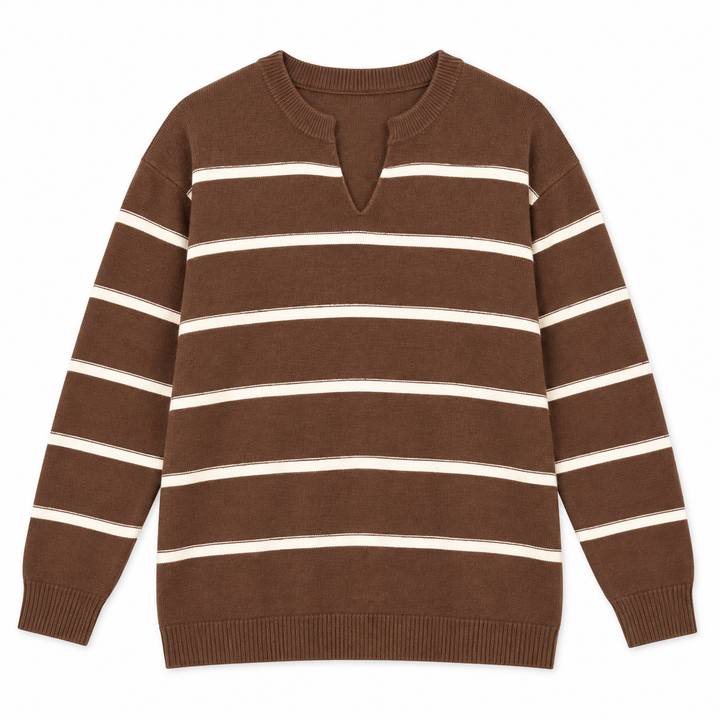 A brown knit sweater with horizontal cream stripes and a split V-neck, shown flat against a white background.
