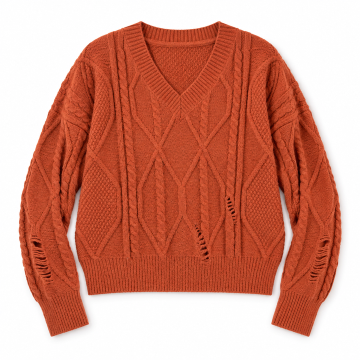 A rust-orange cable-knit sweater with a V-neck, ribbed trim, and distressed frayed details on the lower front and cuffs, shown flat on a white background.
