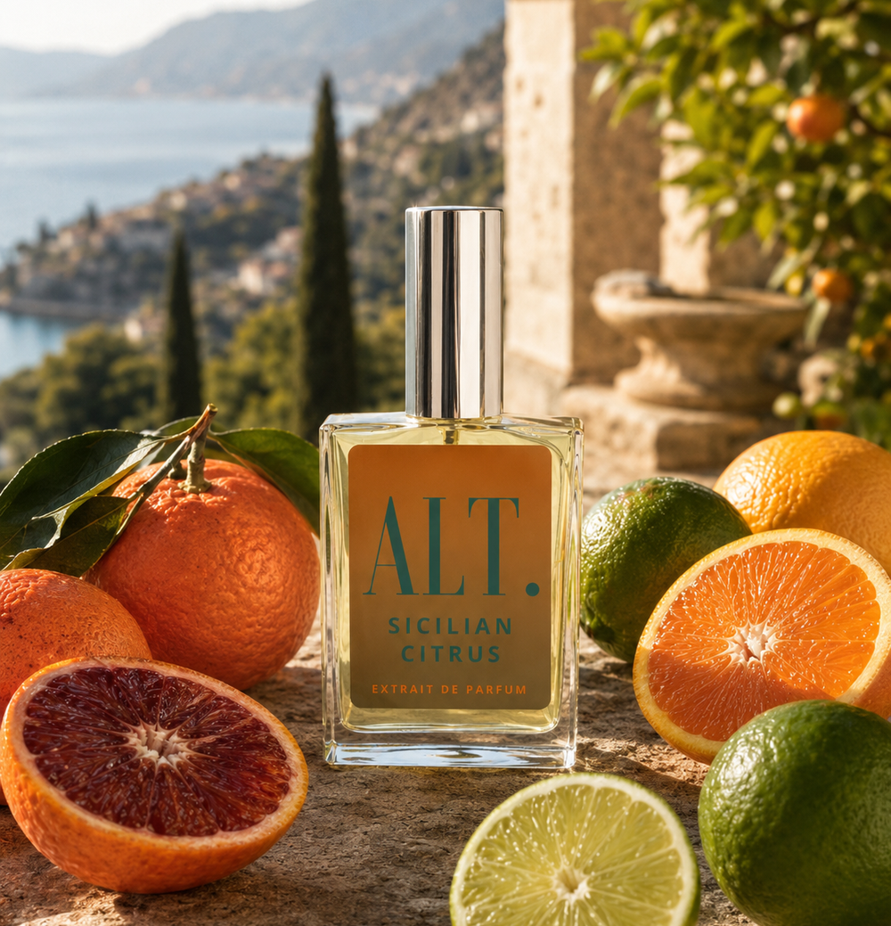 Perfume bottle labeled 'ALT. Sicilian Citrus' surrounded by citrus fruits with a scenic background