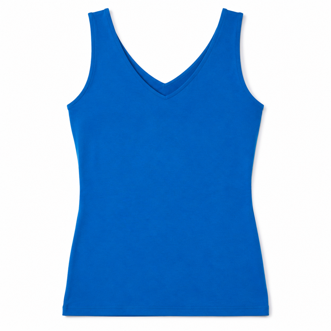A bright blue sleeveless tank top with a V-neckline, displayed flat against a clean white background.