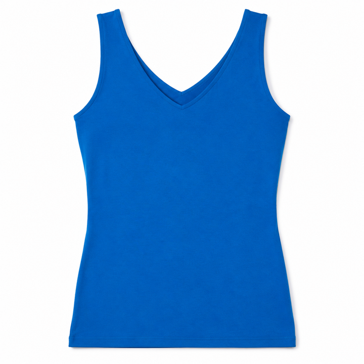 A bright blue sleeveless tank top with a V-neckline, displayed flat against a clean white background.