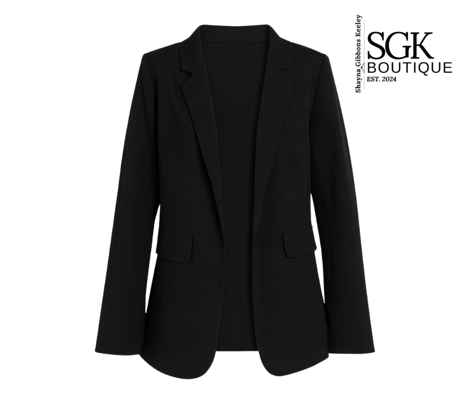 Black blazer on a white background with SGK Boutique logo.