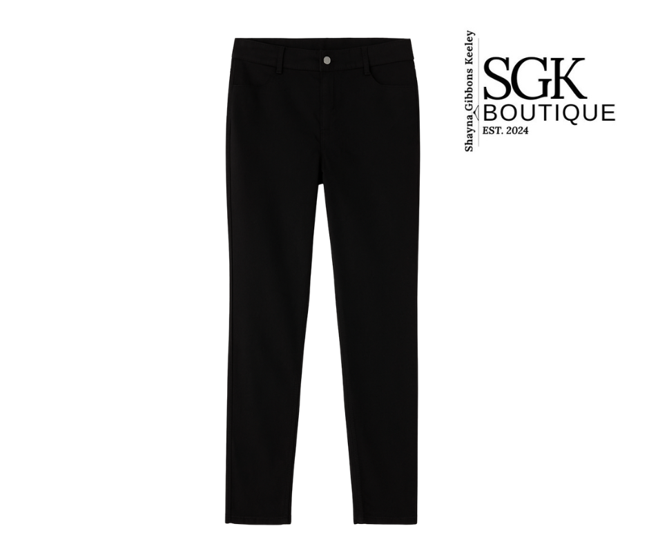 Black pants on a white background with SGK Boutique logo.