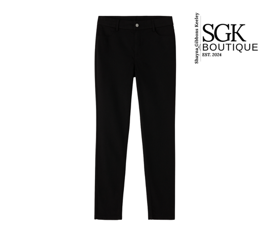 Black pants on a white background with SGK Boutique logo.