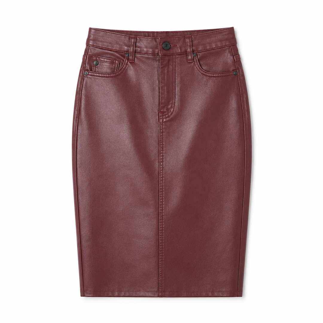 A burgundy faux leather pencil skirt with a front zipper, button closure, and belt loops, shown flat on a white background.