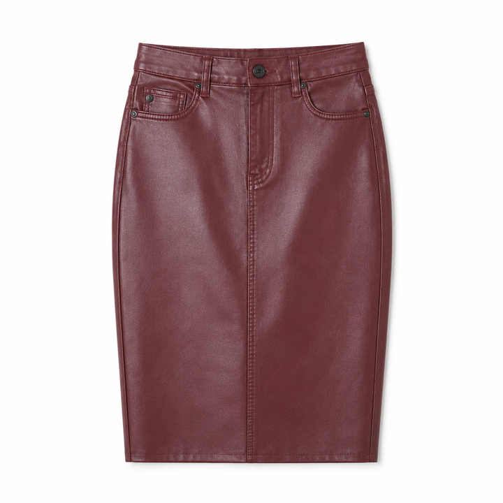 A burgundy faux leather pencil skirt with a front zipper, button closure, and belt loops, shown flat on a white background.