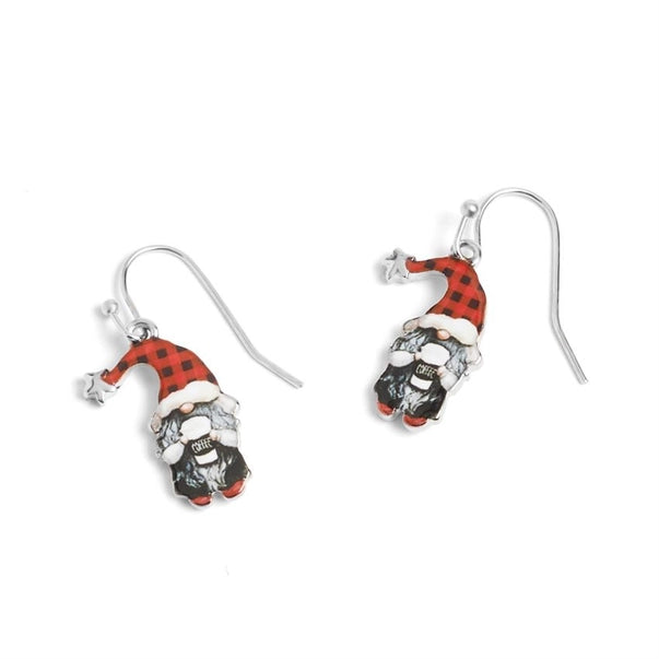Gnome-shaped earrings with red hats on a white background
