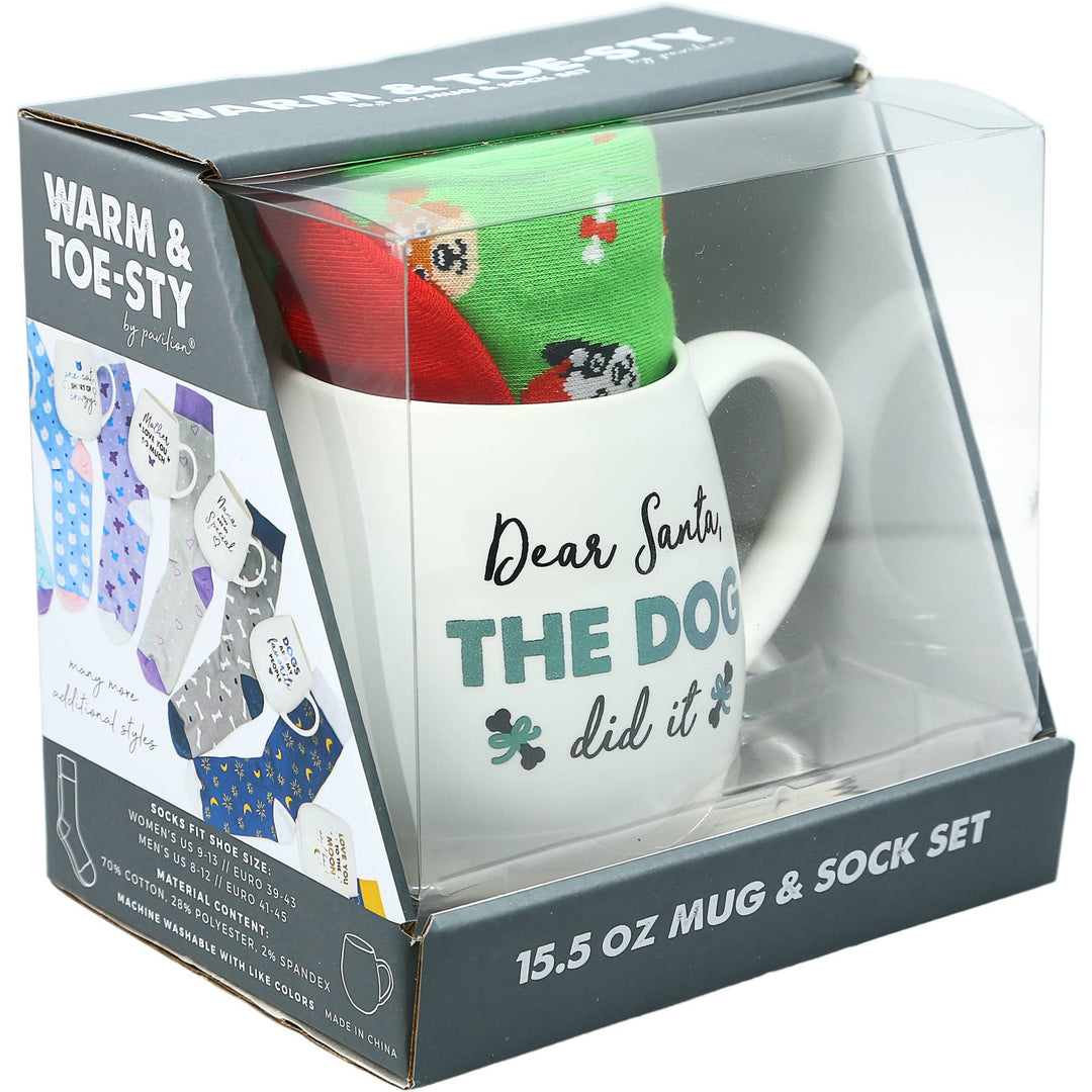 Mug and sock set in packaging with text &