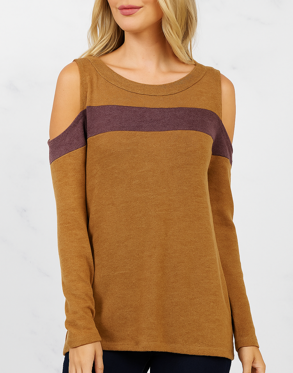 Camel long-sleeve top with a purple accent on a white background