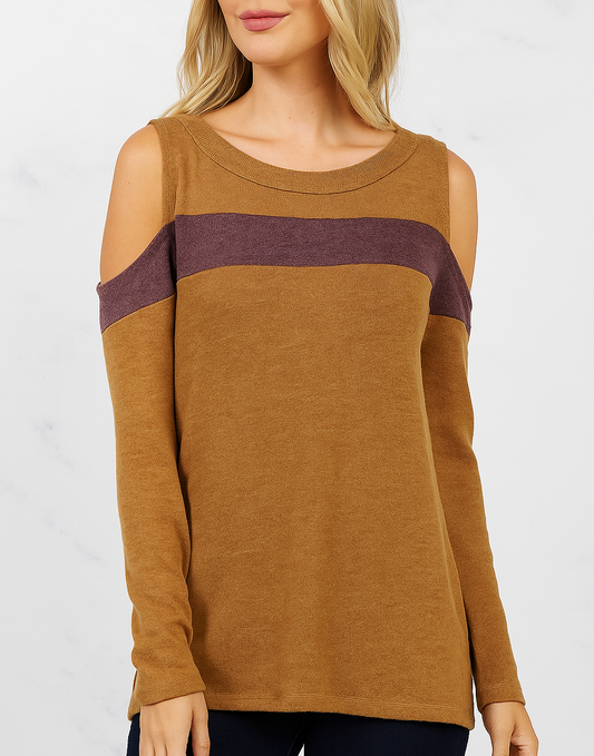 Camel long-sleeve top with a purple accent on a white background