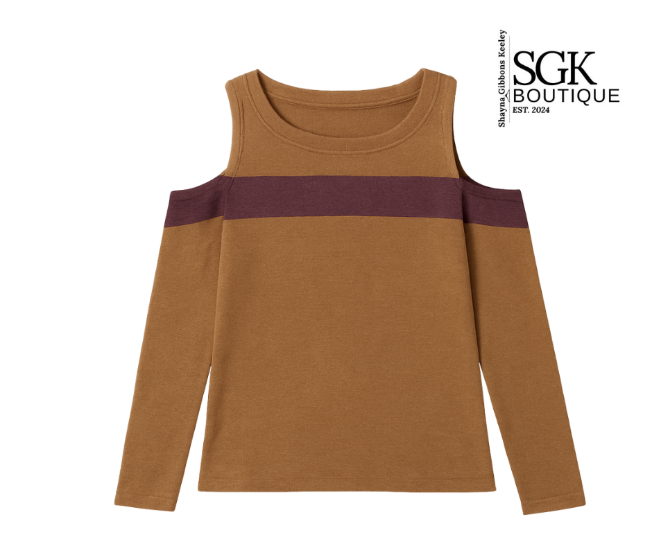 Camel long-sleeve top with purple accents on a white background, featuring SGK Boutique logo.