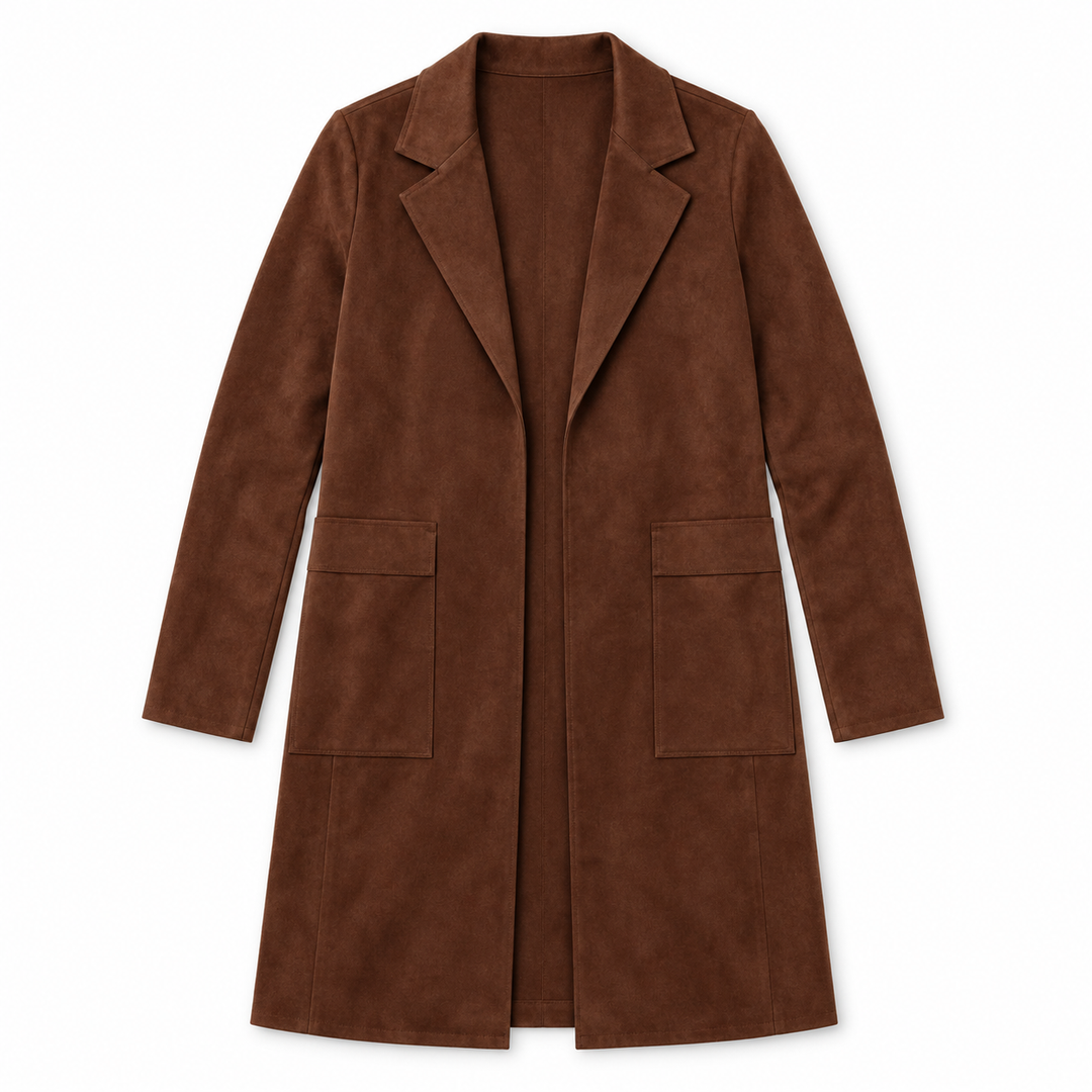 A brown suede long coat with notch lapels, long sleeves, and two large front patch pockets, shown flat against a plain white background.