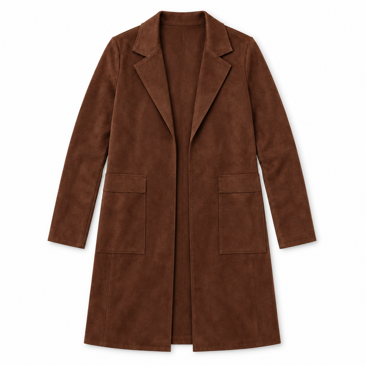 A brown suede long coat with notch lapels, long sleeves, and two large front patch pockets, shown flat against a plain white background.