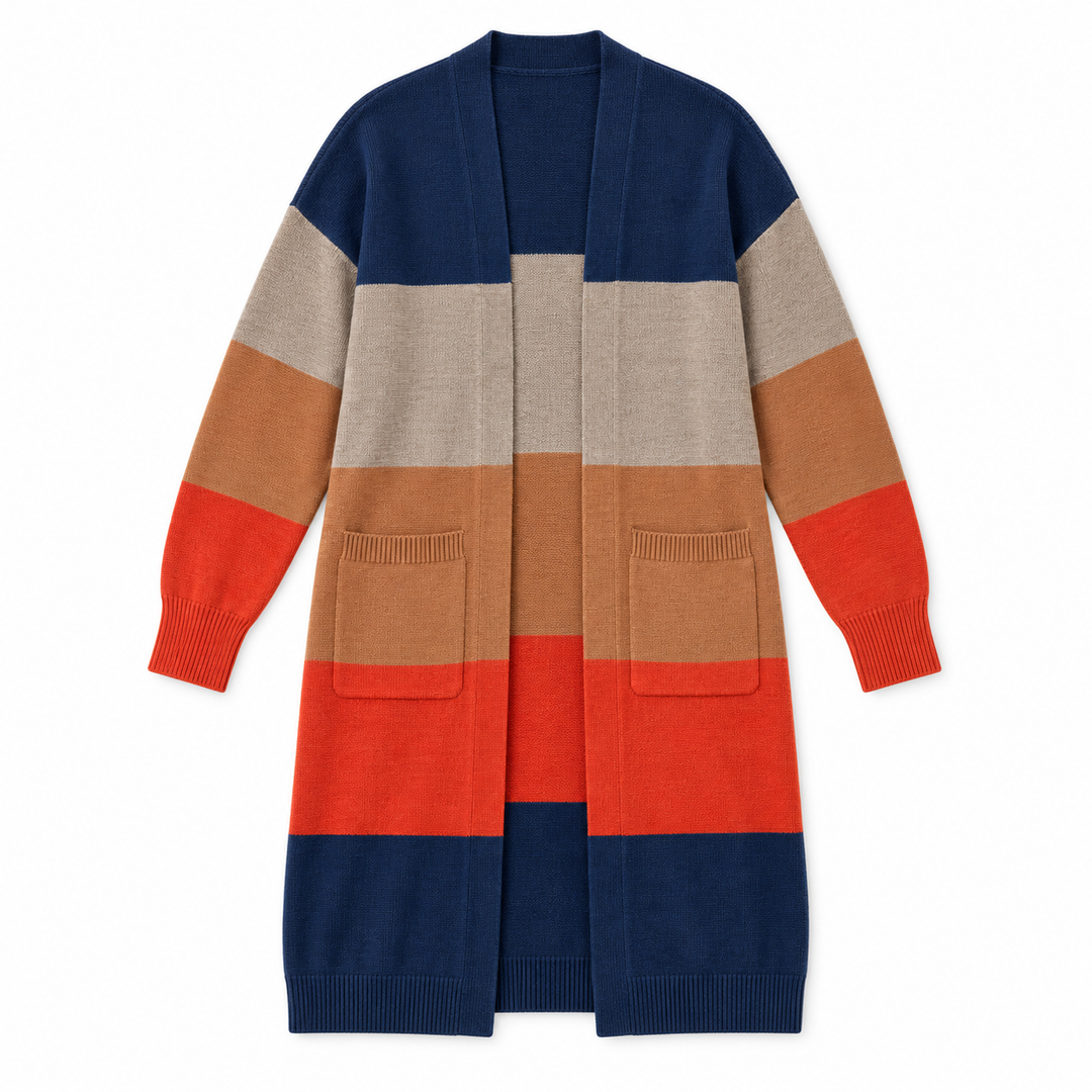 A long open-front knit cardigan with wide horizontal color-block stripes in navy, beige, tan, orange, and rust red, featuring two front patch pockets, shown on a plain white background.