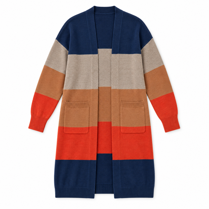 A long open-front knit cardigan with wide horizontal color-block stripes in navy, beige, tan, orange, and rust red, featuring two front patch pockets, shown on a plain white background.