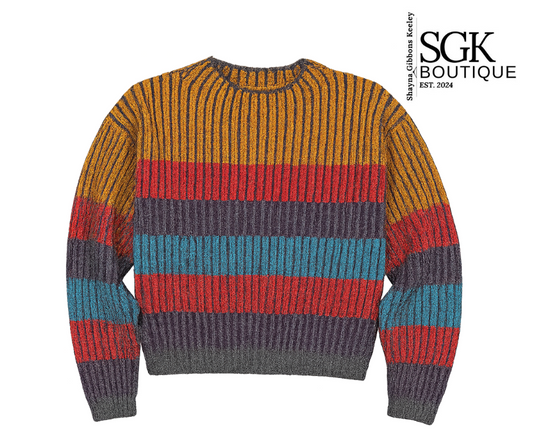 Colorful striped sweater with SGK Boutique branding on a white background