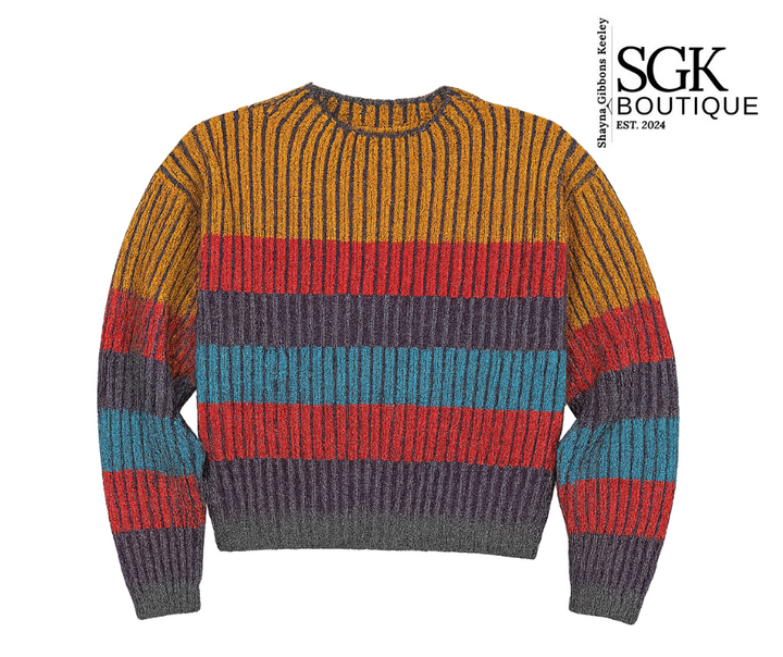 Colorful striped sweater with SGK Boutique branding on a white background