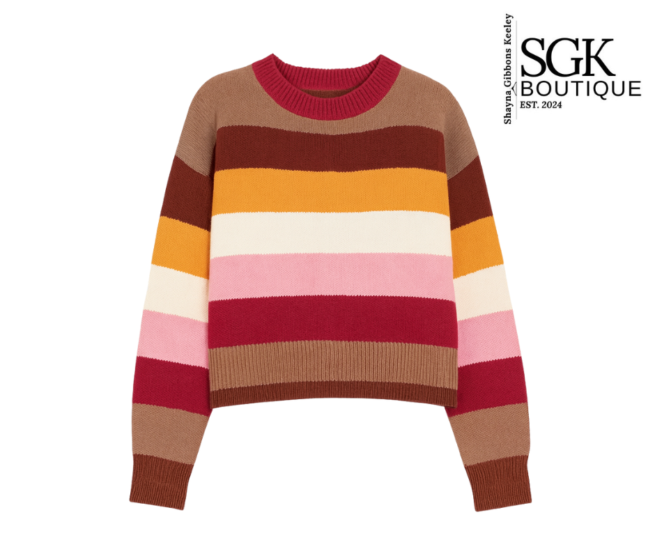 Colorful striped sweater with SGK Boutique logo on a white background