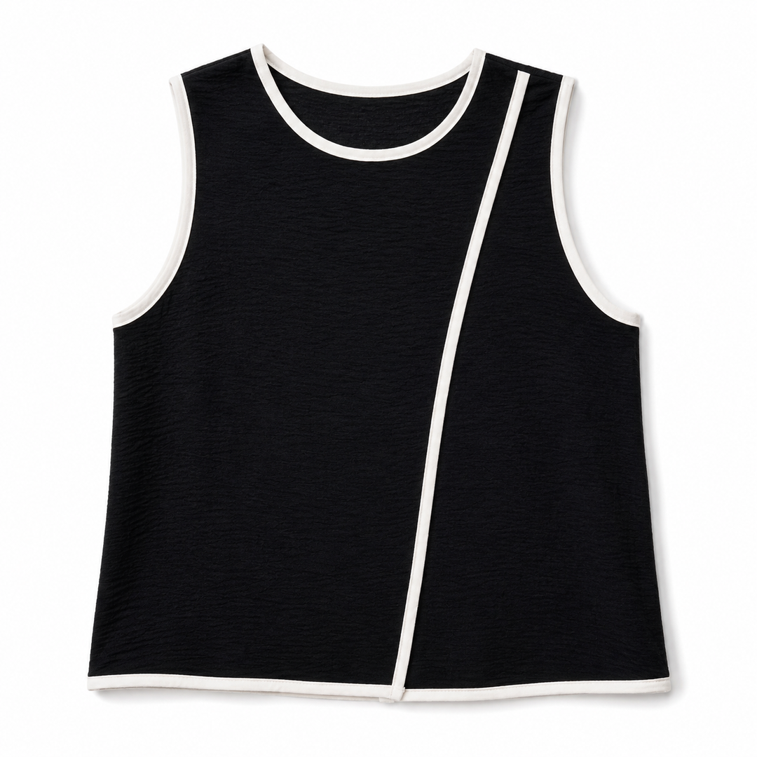 A sleeveless black crop top with white contrast trim along the neckline, armholes, and hem, featuring a diagonal white stripe detail on the front, shown against a plain white background.