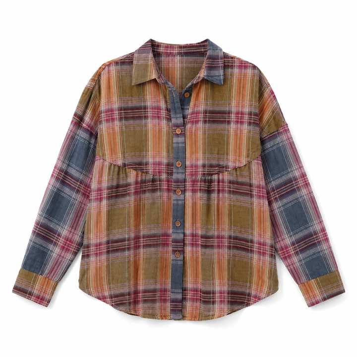 A long-sleeve plaid button-up shirt with a unique design featuring a mustard yellow and orange plaid body, a blue-gray plaid chest panel, and blue-gray plaid sleeves. The shirt is displayed flat against a solid white background.