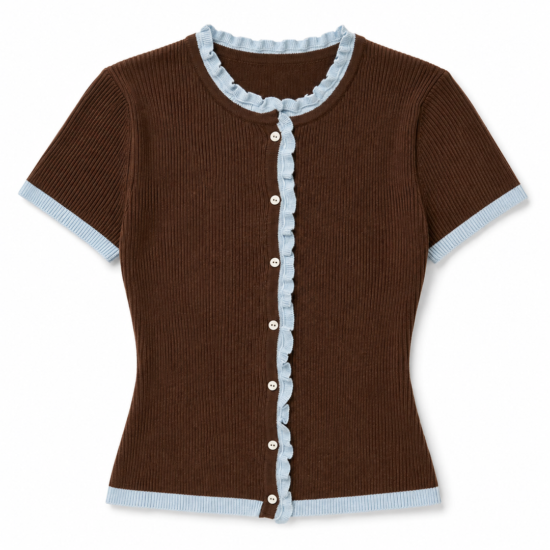 A brown ribbed short-sleeve cardigan top with light blue ruffled trim along the neckline, button placket, cuffs, and hem.