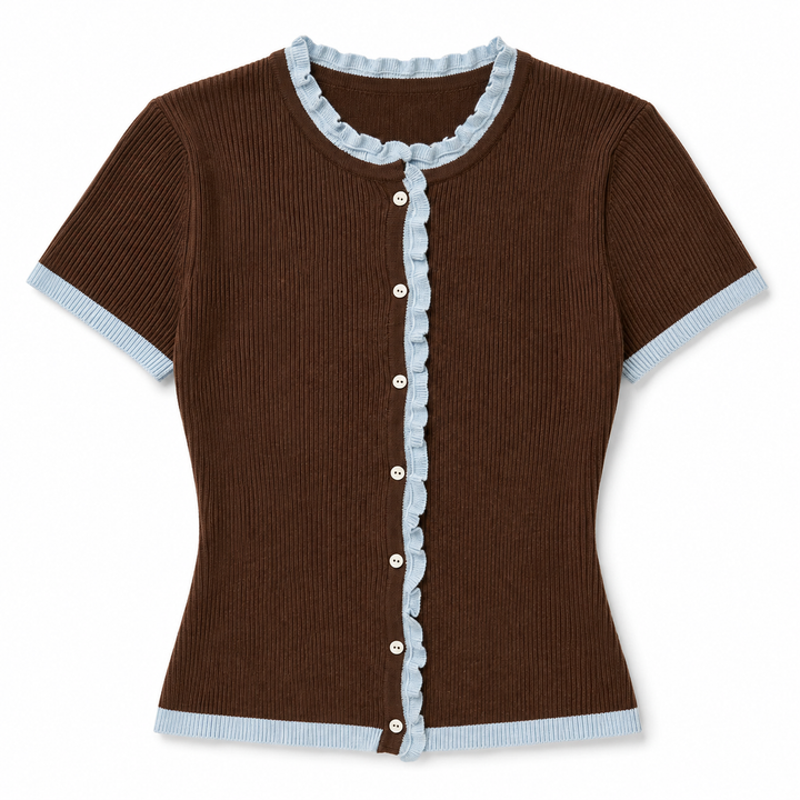 A brown ribbed short-sleeve cardigan top with light blue ruffled trim along the neckline, button placket, cuffs, and hem.