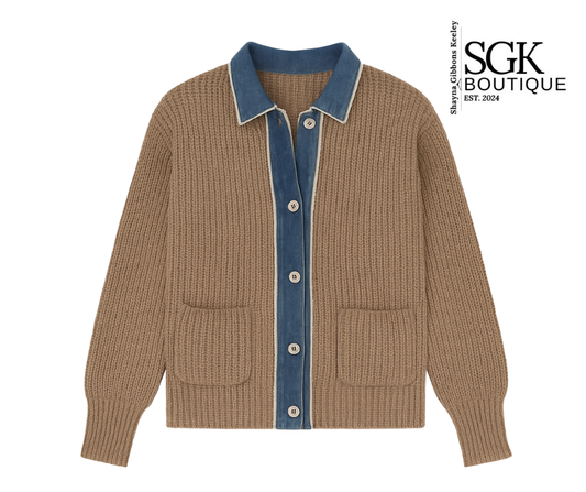 Brown cardigan with blue collar and buttons on a white background, featuring SGK Boutique logo.