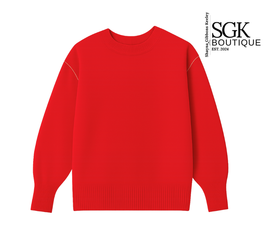 Red sweater on a white background with SGK Boutique logo.