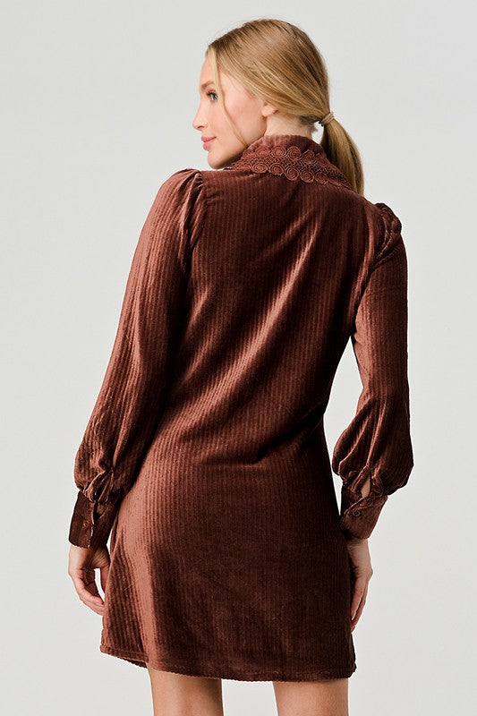 Woman wearing a brown ribbed dress with long sleeves on a light gray background