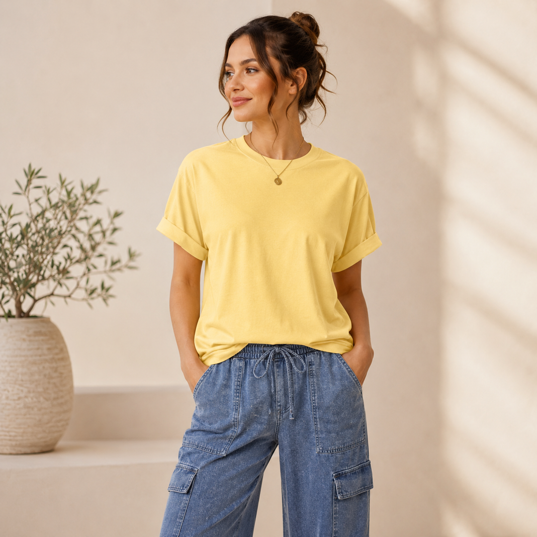 Woman wearing a yellow t-shirt and blue jeans standing in a room with a plant.