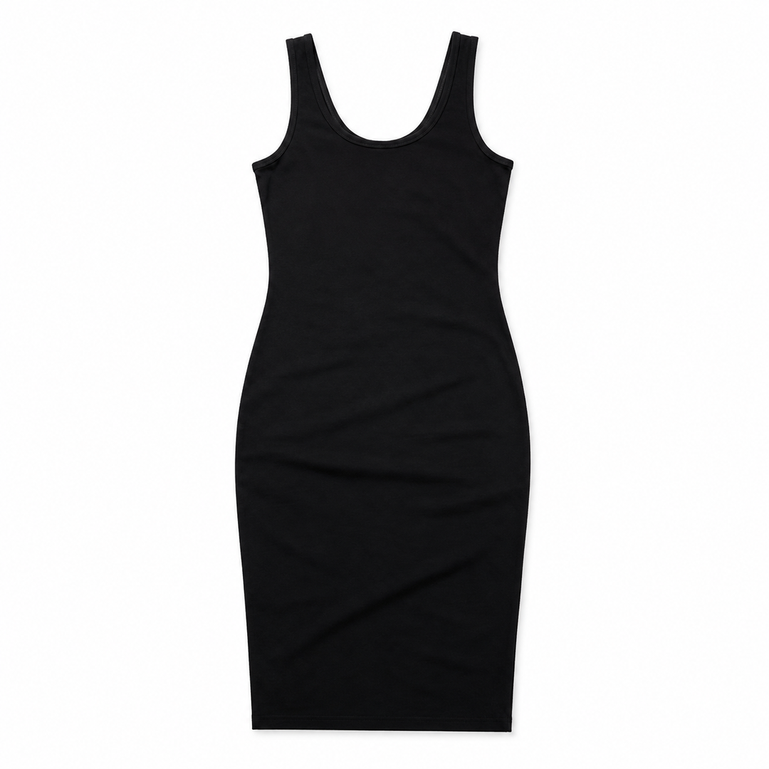 A black sleeveless ribbed bodycon tank dress with a wide scoop neckline, shown flat against a solid white background.
