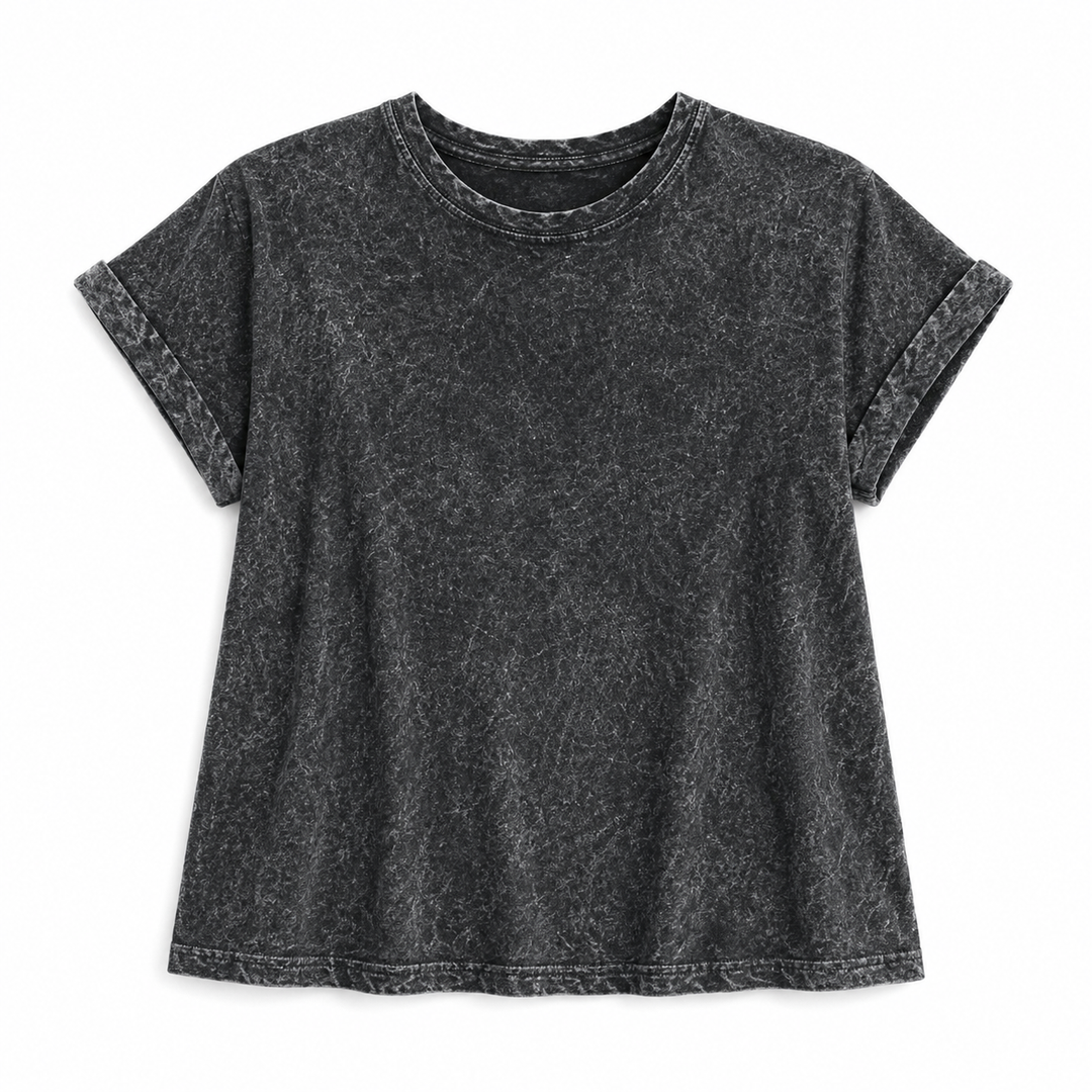 Black acid-wash t-shirt on a white background