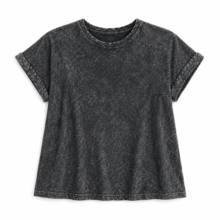Black acid-wash t-shirt on a white background