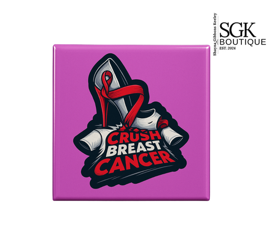 Pink button with high heel and 'Crush Breast Cancer' text on a white background, featuring SGK Boutique logo.