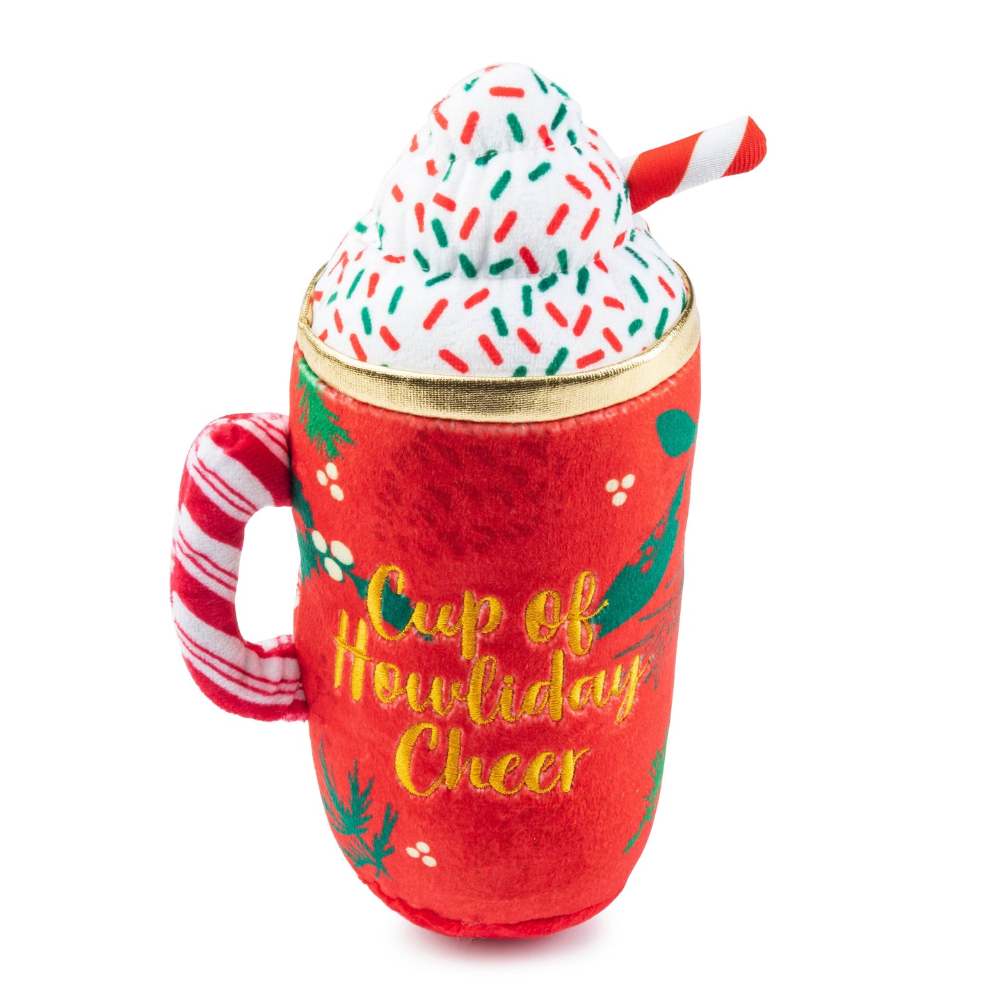 Red mug with 'Cup of Holiday Cheer' text, candy cane handle, and whipped cream on a white background