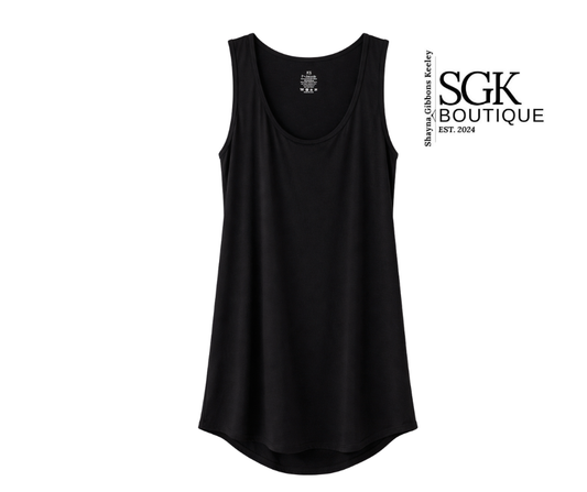 Black tank top on a white background with SGK Boutique branding.
