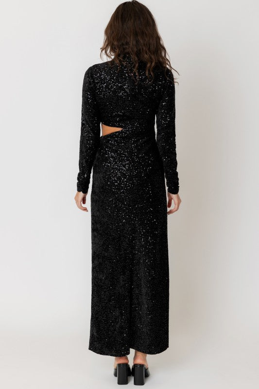Black sequin dress with cut-out design on a white background