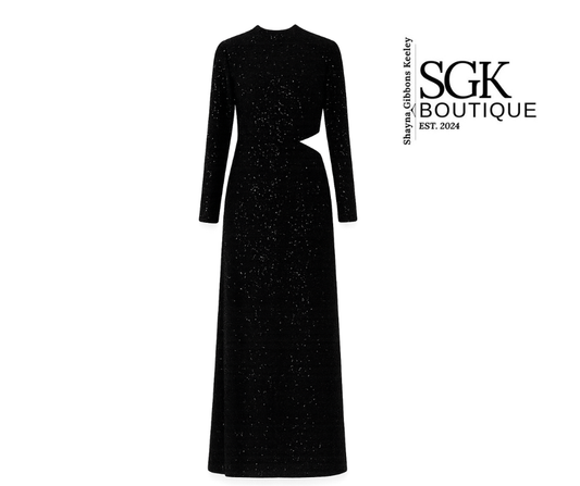 Black long-sleeve dress on a white background with SGK Boutique logo.
